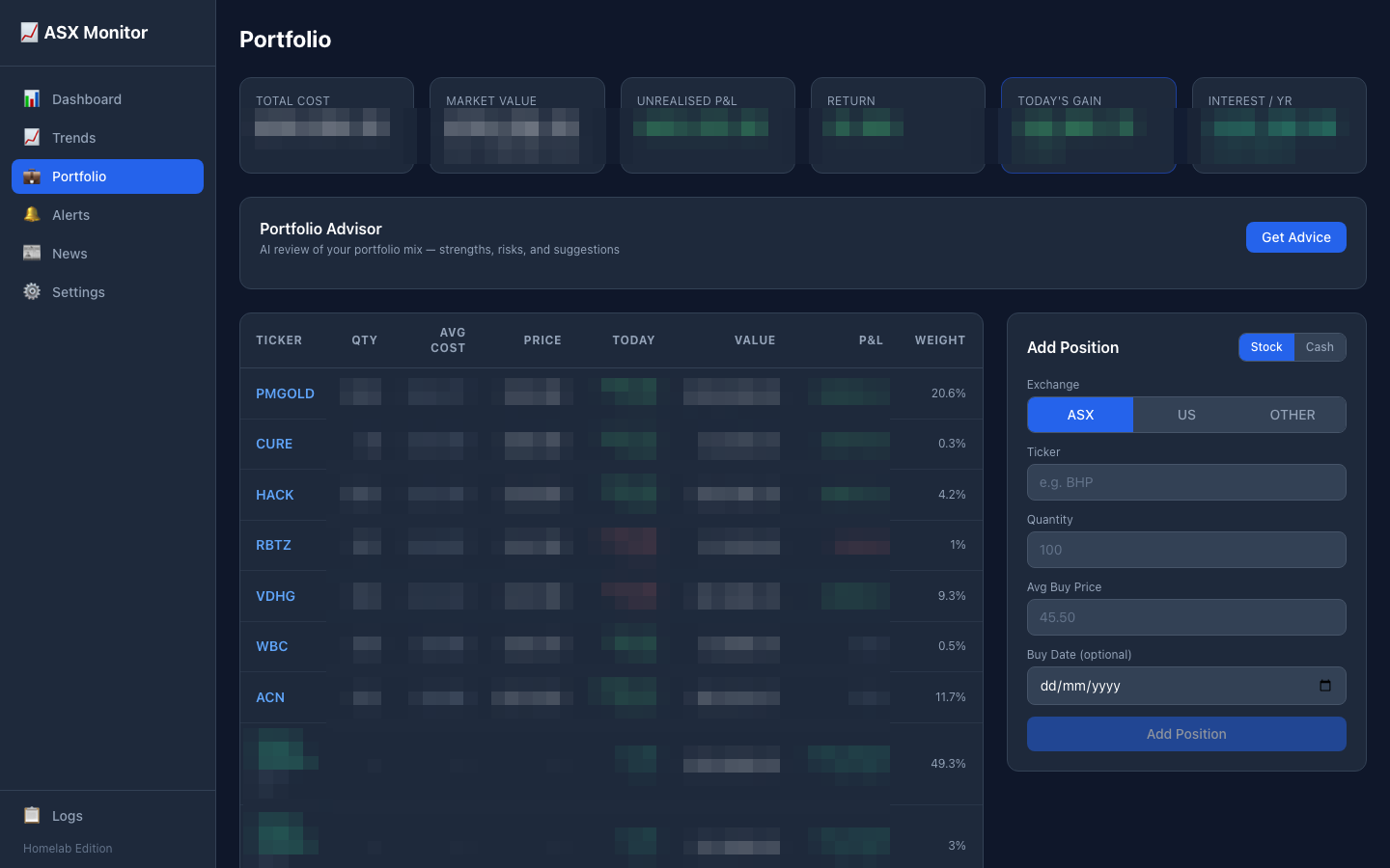 Portfolio page: positions with weights and P&L, cash accounts, and the Portfolio Advisor panel (amounts pixelated)