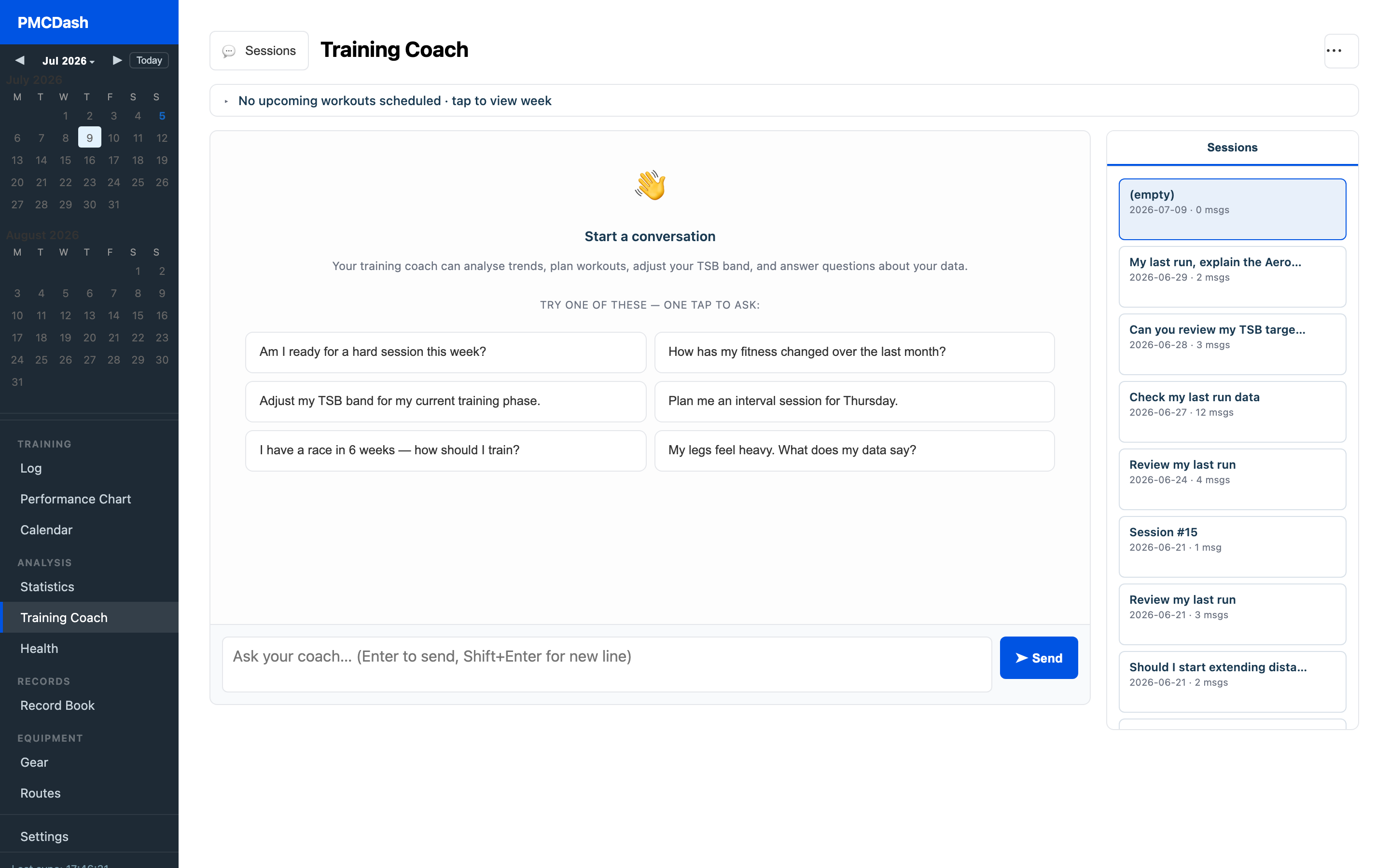 AI coach chat interface grounded in the user's actual training data